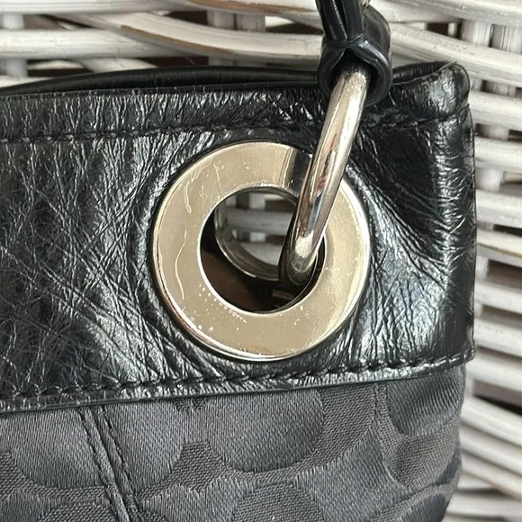 COACH Black Signature C Sateen Shoulder Bag with Creased Leather Trim - Picture 13 of 16